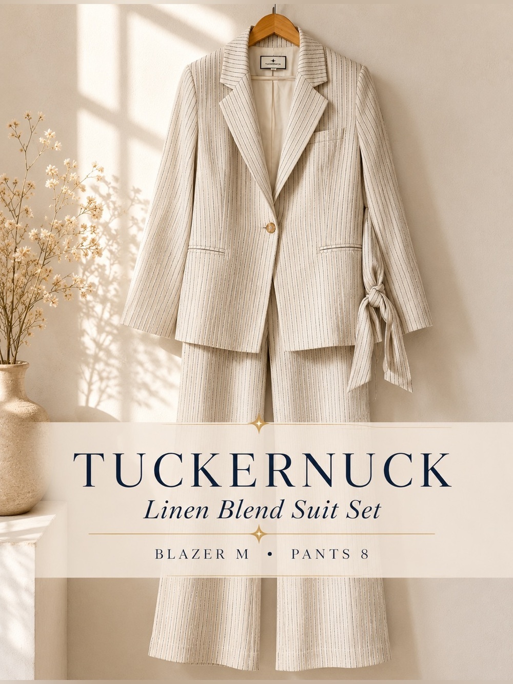 Tuckernuck Pinstripe Linen Blend Blazer & Wide Leg Pant Suit Set Size M/8 NWOT